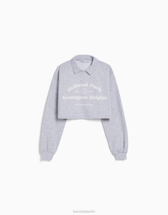 grau Bershka Frauen Bedrucktes Sweatshirt mit Polokragen H00J1261