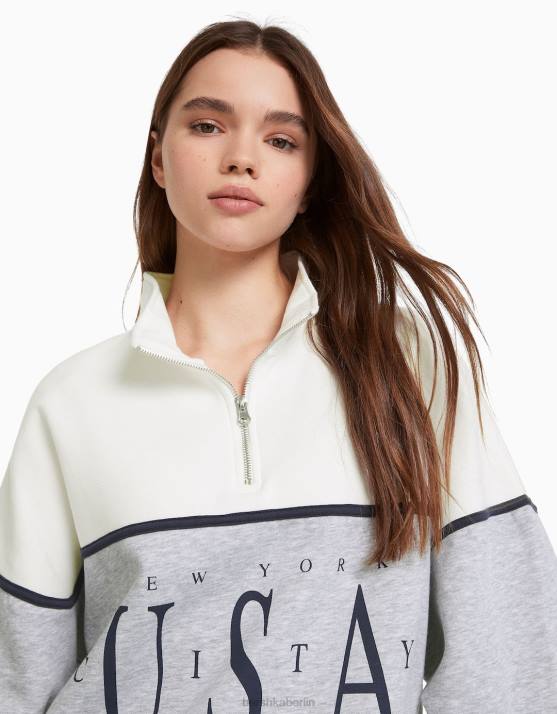 grau Bershka Frauen Bedrucktes Sweatshirt mit hohem Kragen H00J1229
