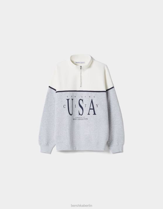 grau Bershka Frauen Bedrucktes Sweatshirt mit hohem Kragen H00J1229