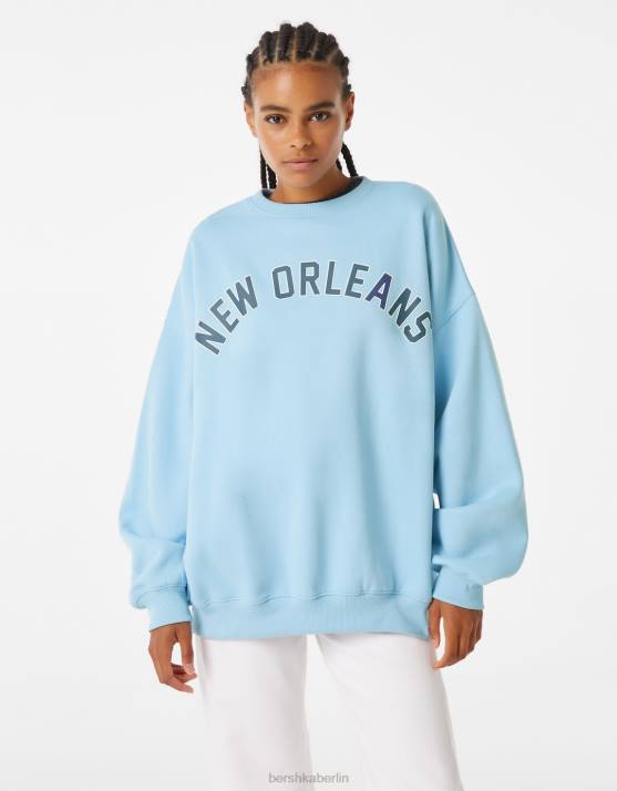 hellblau Bershka Frauen Übergroßes bedrucktes Sweatshirt H00J1248