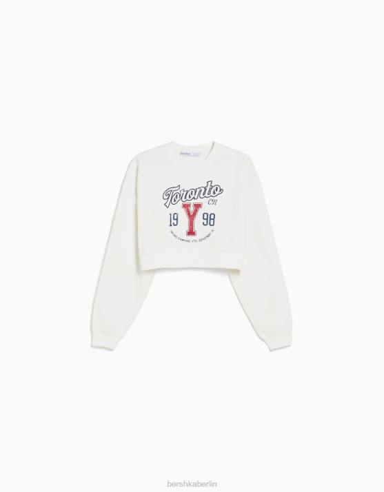 nicht-gerade weiss Bershka Frauen Kurzes, bedrucktes Sweatshirt H00J1259