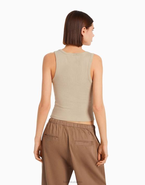 Beige Bershka Frauen Geripptes Tanktop H00J314