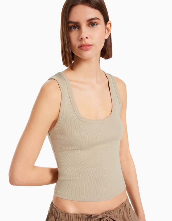 Beige Bershka Frauen Geripptes Tanktop H00J314