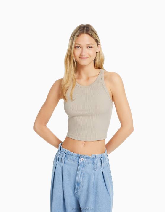 Beige Bershka Frauen Geripptes Tanktop H00J335