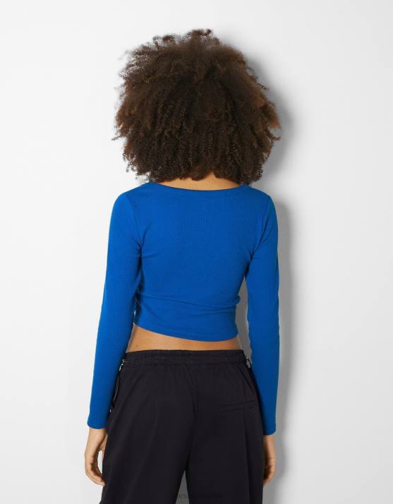 Blau Bershka Frauen Geripptes, strukturiertes Langarm-T-Shirt H00J591