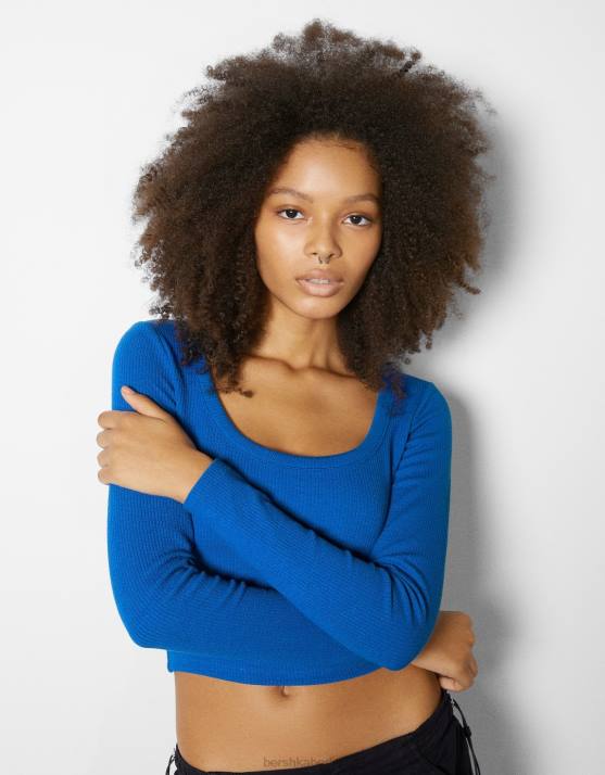 Blau Bershka Frauen Geripptes, strukturiertes Langarm-T-Shirt H00J591