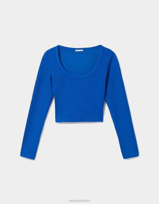 Blau Bershka Frauen Geripptes, strukturiertes Langarm-T-Shirt H00J591