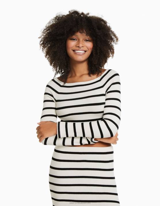 Blau Bershka Frauen Gestreiftes Langarm-T-Shirt mit U-Boot-Ausschnitt H00J519