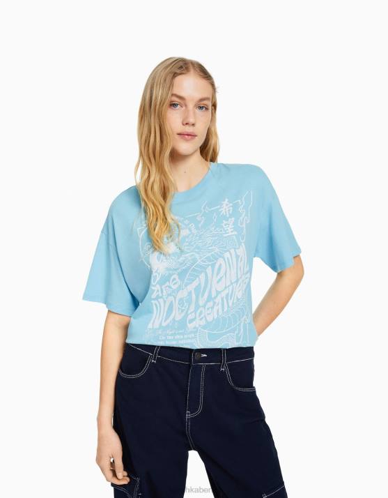 Blau Bershka Frauen Kurzarm-T-Shirt mit Aufdruck H00J507