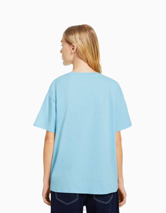 Blau Bershka Frauen Kurzarm-T-Shirt mit Aufdruck H00J507