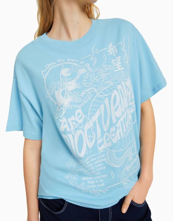 Blau Bershka Frauen Kurzarm-T-Shirt mit Aufdruck H00J507