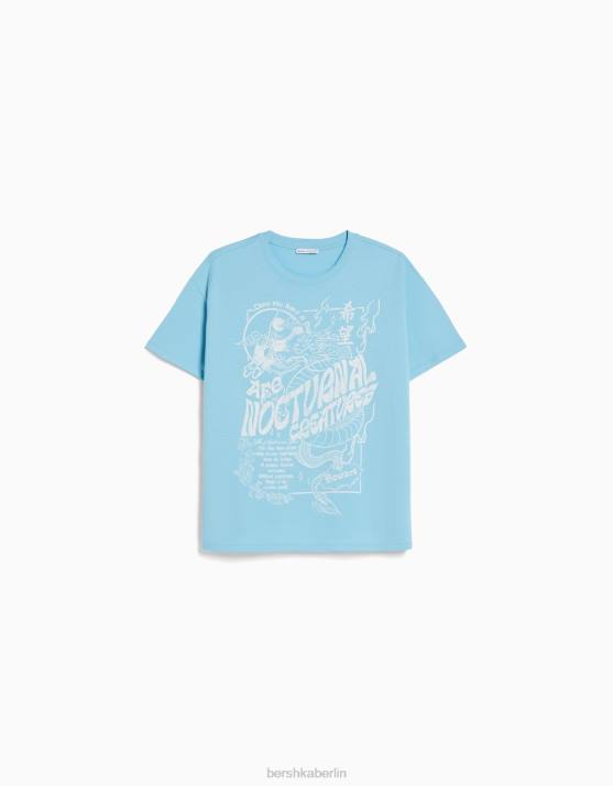 Blau Bershka Frauen Kurzarm-T-Shirt mit Aufdruck H00J507