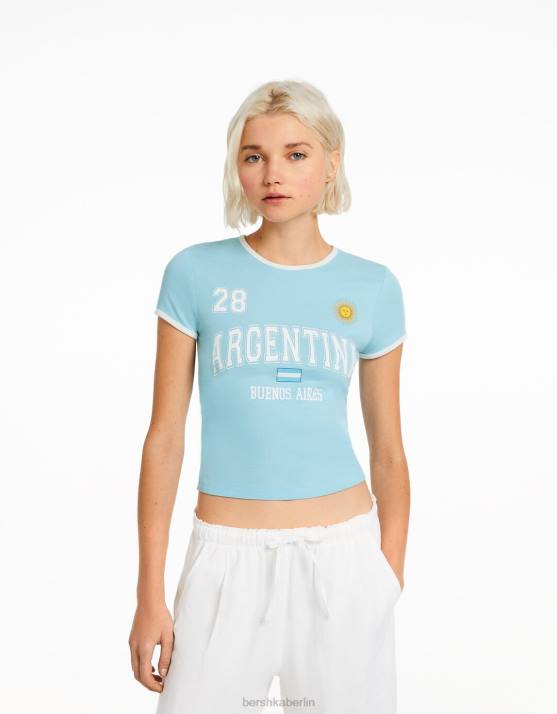 Blau Bershka Frauen Kurzarm-T-Shirt mit Aufdruck H00J613