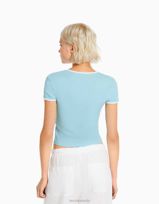 Blau Bershka Frauen Kurzarm-T-Shirt mit Aufdruck H00J613