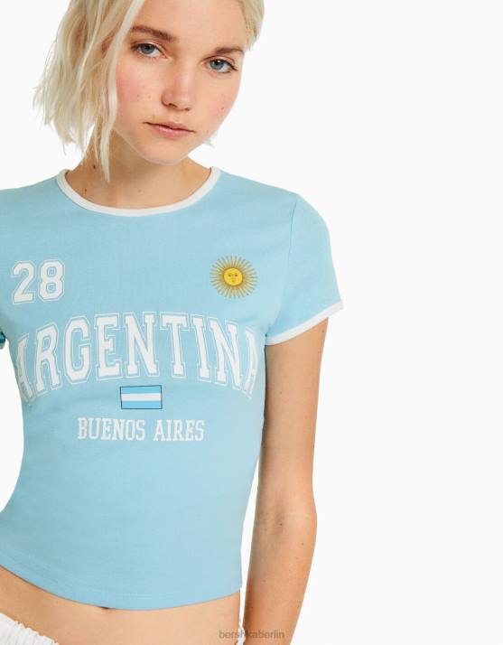 Blau Bershka Frauen Kurzarm-T-Shirt mit Aufdruck H00J613