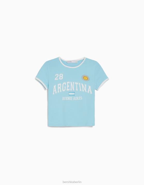 Blau Bershka Frauen Kurzarm-T-Shirt mit Aufdruck H00J613