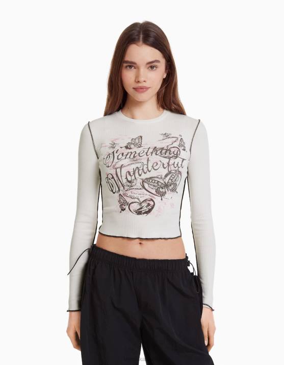 Creme Bershka Frauen Geripptes Langarm-T-Shirt H00J641
