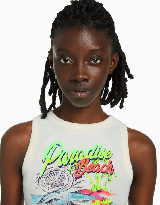 Creme Bershka Frauen Geripptes, bedrucktes, ärmelloses T-Shirt H00J604