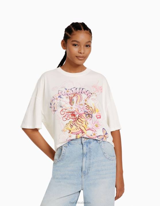 Creme Bershka Frauen Kurzarm-T-Shirt mit Aufdruck H00J329