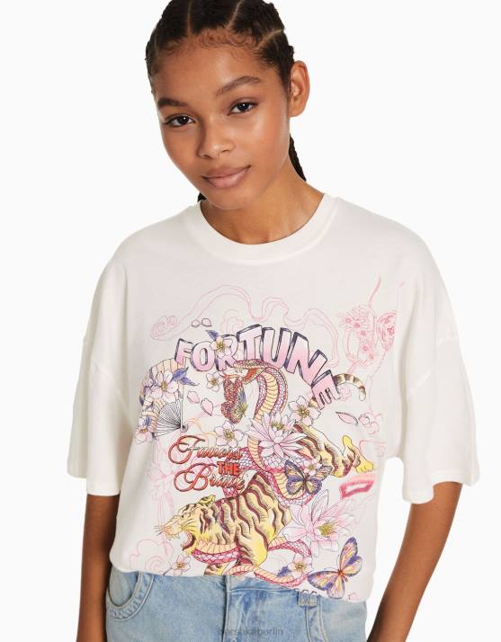 Creme Bershka Frauen Kurzarm-T-Shirt mit Aufdruck H00J329