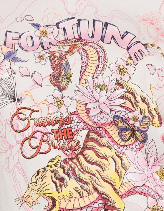 Creme Bershka Frauen Kurzarm-T-Shirt mit Aufdruck H00J329