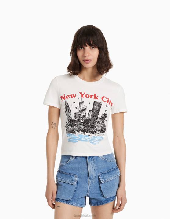 Creme Bershka Frauen Kurzarm-T-Shirt mit Aufdruck H00J494