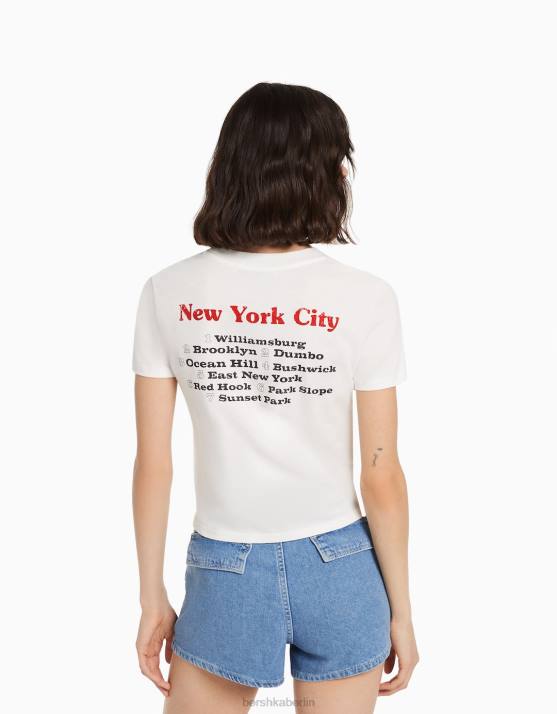 Creme Bershka Frauen Kurzarm-T-Shirt mit Aufdruck H00J494
