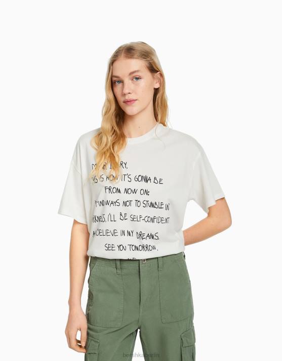 Creme Bershka Frauen Kurzarm-T-Shirt mit Aufdruck H00J506