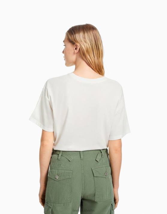Creme Bershka Frauen Kurzarm-T-Shirt mit Aufdruck H00J506