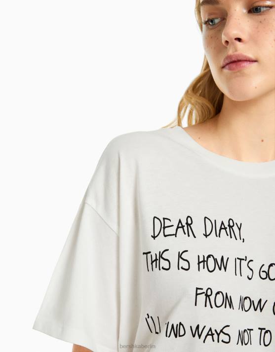 Creme Bershka Frauen Kurzarm-T-Shirt mit Aufdruck H00J506