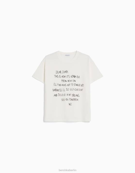 Creme Bershka Frauen Kurzarm-T-Shirt mit Aufdruck H00J506