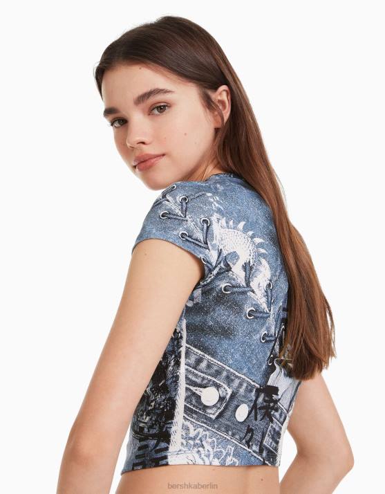 Creme Bershka Frauen Kurzarm-T-Shirt mit Aufdruck H00J599