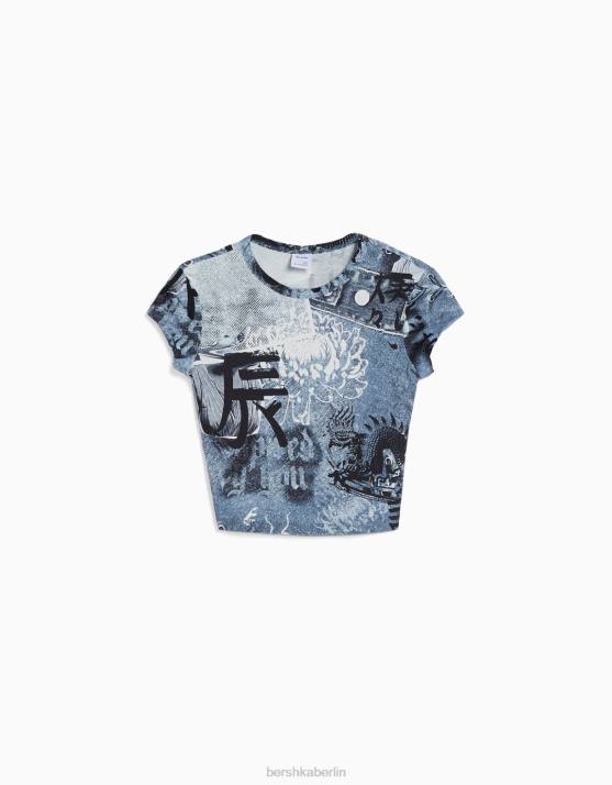 Creme Bershka Frauen Kurzarm-T-Shirt mit Aufdruck H00J599