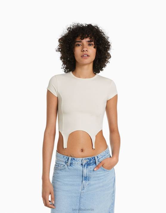 Creme Bershka Frauen Kurzarm-T-Shirt mit Details H00J509