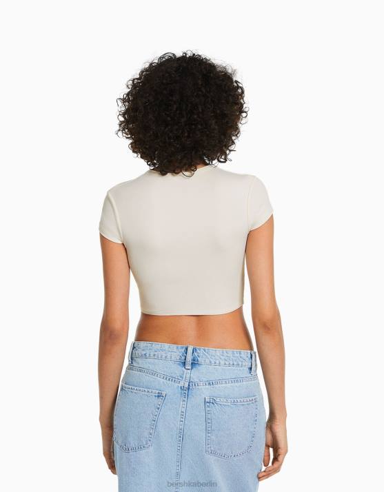 Creme Bershka Frauen Kurzarm-T-Shirt mit Details H00J509