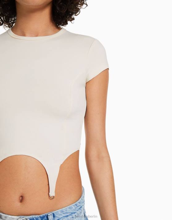 Creme Bershka Frauen Kurzarm-T-Shirt mit Details H00J509