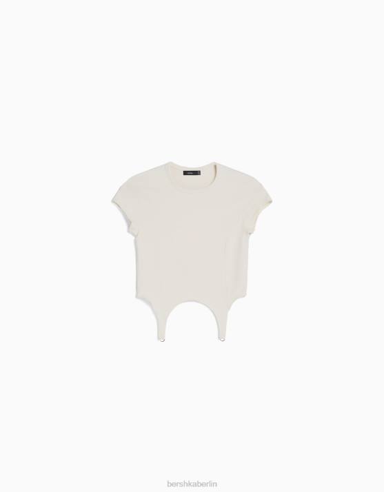 Creme Bershka Frauen Kurzarm-T-Shirt mit Details H00J509