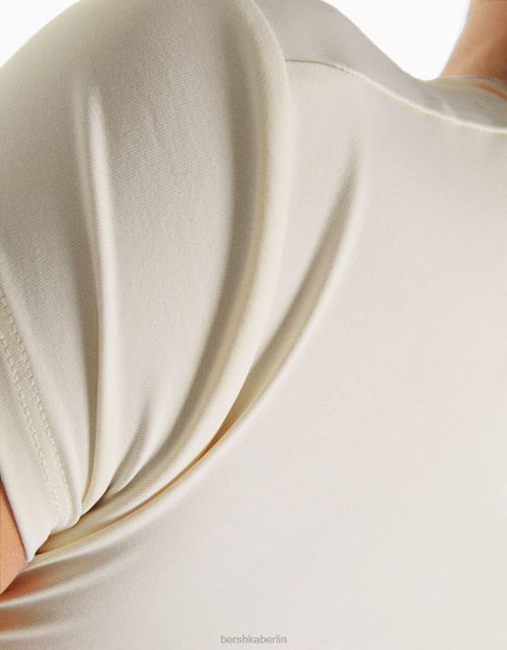 Creme Bershka Frauen Kurzarm-T-Shirt mit Details H00J509