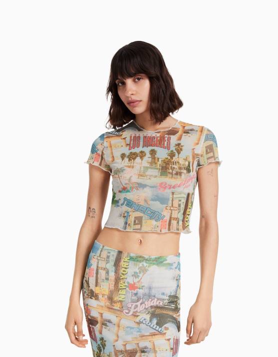 Creme Bershka Frauen Kurzarm-T-Shirt mit Mesh-Aufdruck H00J364