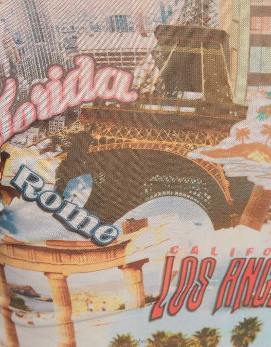 Creme Bershka Frauen Kurzarm-T-Shirt mit Mesh-Aufdruck H00J364