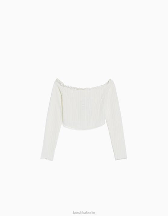 Creme Bershka Frauen Langärmliges, rustikales T-Shirt H00J512