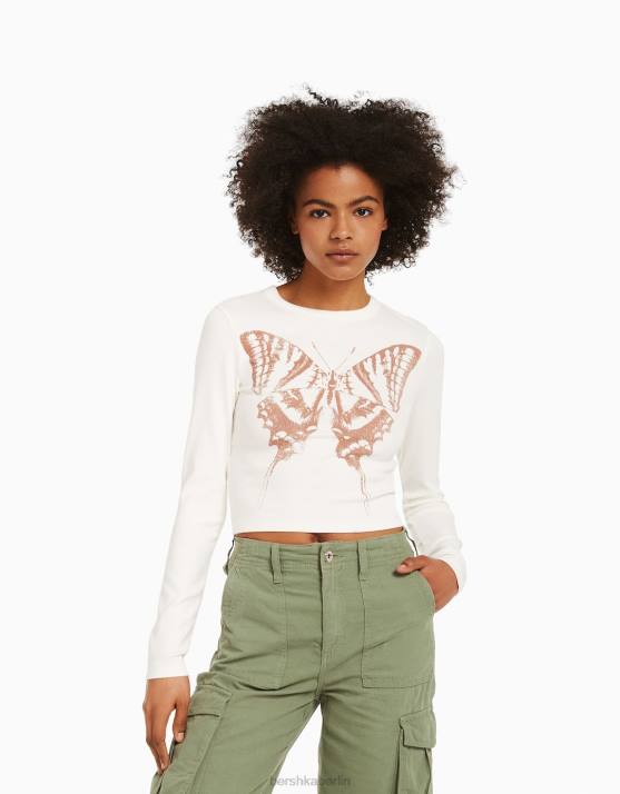 Creme Bershka Frauen Langarm-T-Shirt mit Aufdruck H00J616