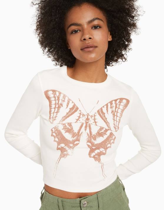 Creme Bershka Frauen Langarm-T-Shirt mit Aufdruck H00J616