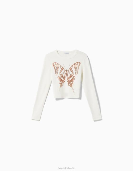 Creme Bershka Frauen Langarm-T-Shirt mit Aufdruck H00J616