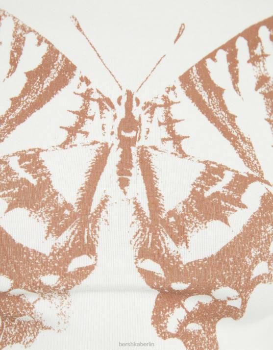 Creme Bershka Frauen Langarm-T-Shirt mit Aufdruck H00J616