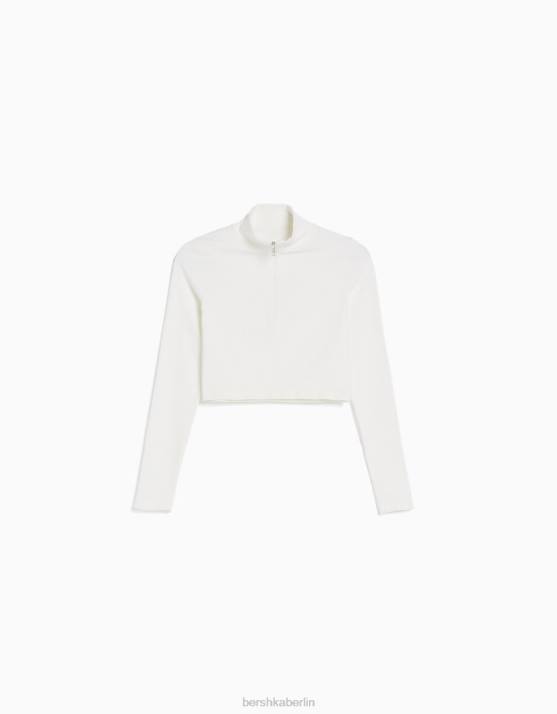 Creme Bershka Frauen Nahtloses Langarm-T-Shirt mit Reißverschluss H00J534