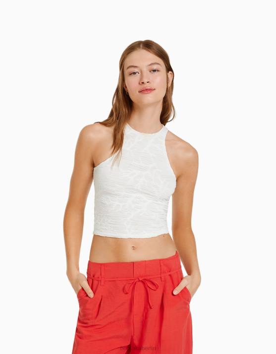 Creme Bershka Frauen Strukturiertes, ärmelloses T-Shirt mit Racerneck H00J376
