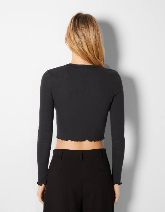 Dunkelblau Bershka Frauen Langärmliges, kurz geschnittenes T-Shirt mit Aufdruck H00J530