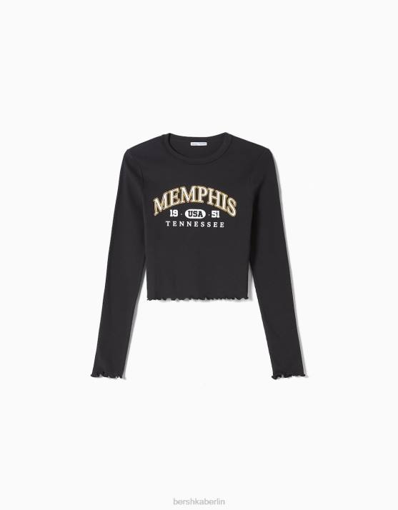 Dunkelblau Bershka Frauen Langärmliges, kurz geschnittenes T-Shirt mit Aufdruck H00J530