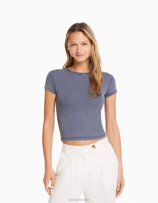 Dunkelblau Bershka Frauen Tailliertes Kurzarm-T-Shirt H00J480